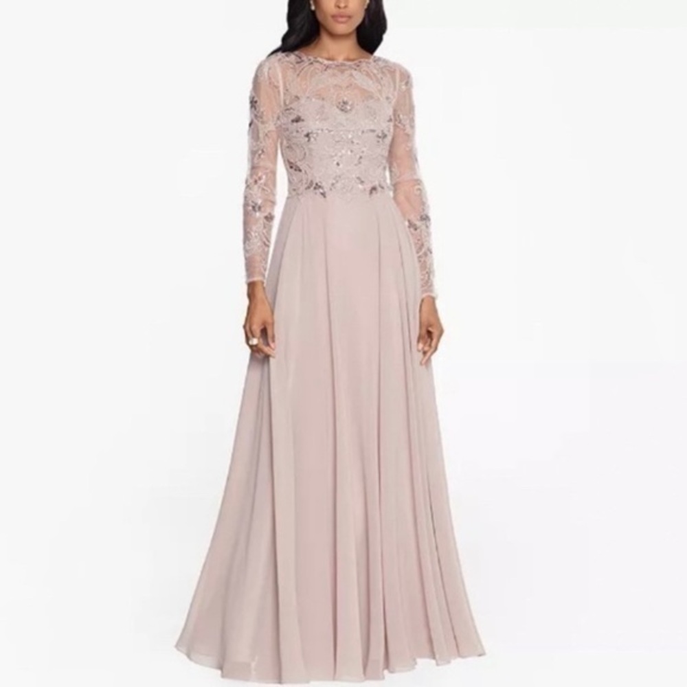 XSCAPE Petite Long Mesh-Sleeve Sequin Embellished Illusion Chiffon Gown in Taupe